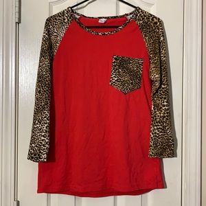 Long-Sleeve Red and Cheetah Print T-shirt